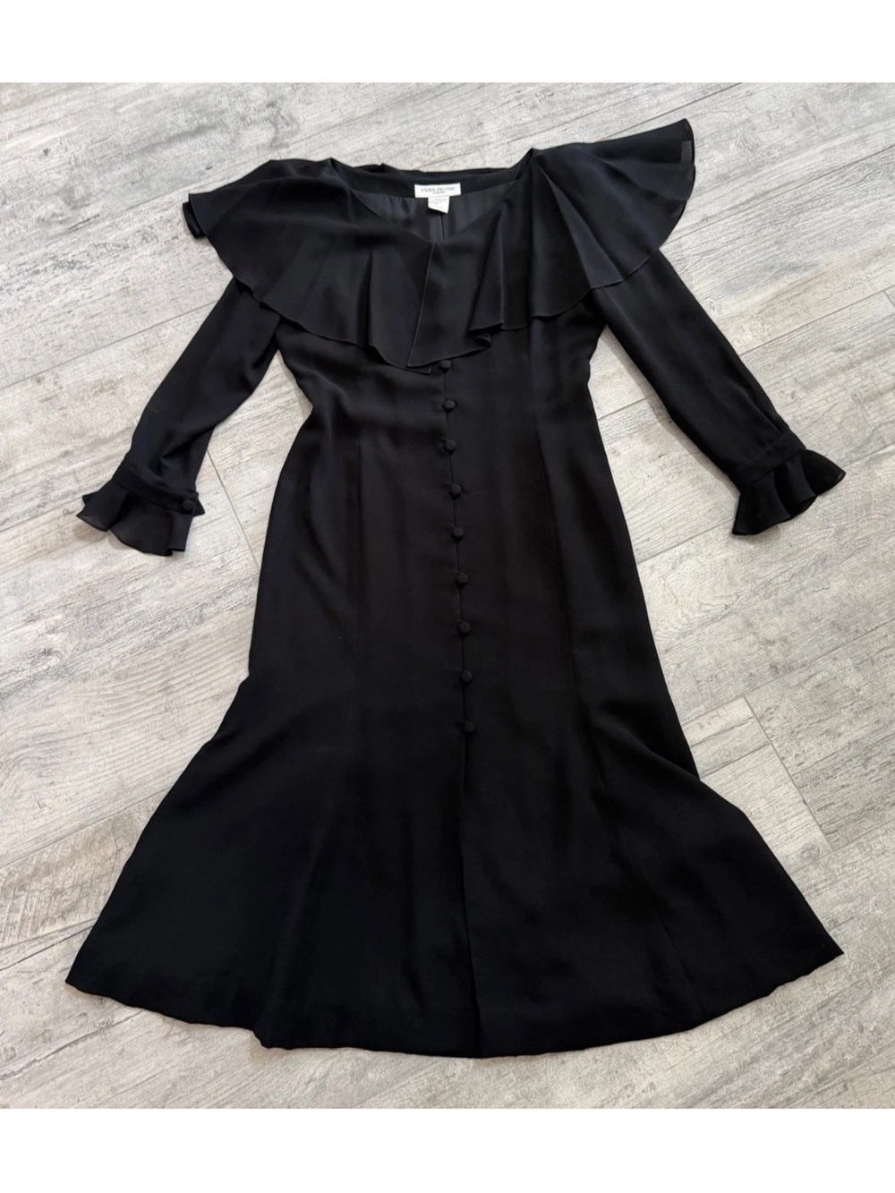 Evan Picone Vintage Minimalist Ruffle Black Button-Front Fit n Flare Dress